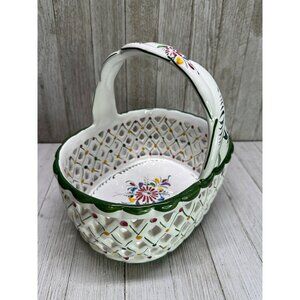 Vtg Holu Painted Lattice Basket Oval Ceramic with Braid Handle Portugal 7" Tall